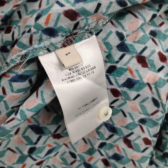 Cotelac Ruffle Top Blouse Button Up Geometric Print Art Deco Green Blue 1 Medium - Picture 6 of 6